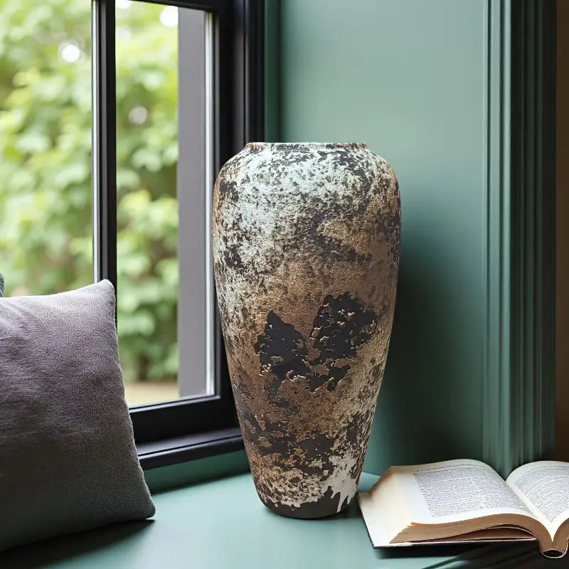 1pc Bohemian Mottled Texture Ceramic Vase - Brown/Gray/Black Marble-Like Glaze