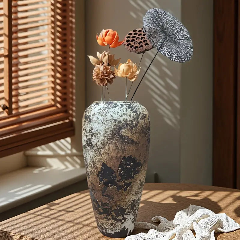 1pc Bohemian Mottled Texture Ceramic Vase - Brown/Gray/Black Marble-Like Glaze