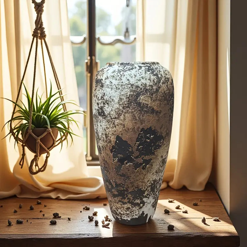 1pc Bohemian Mottled Texture Ceramic Vase - Brown/Gray/Black Marble-Like Glaze