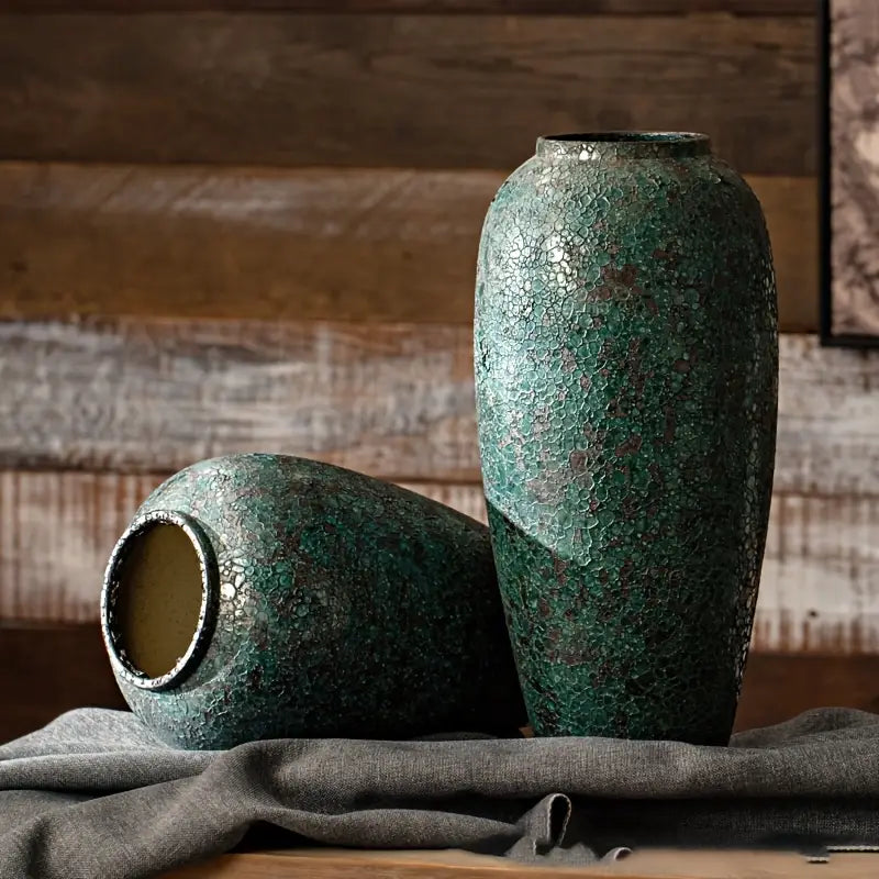 1pc Rustic Ceramic Green Vase, Suitable for Living Room Bedroom Table Decor, New Home Gift